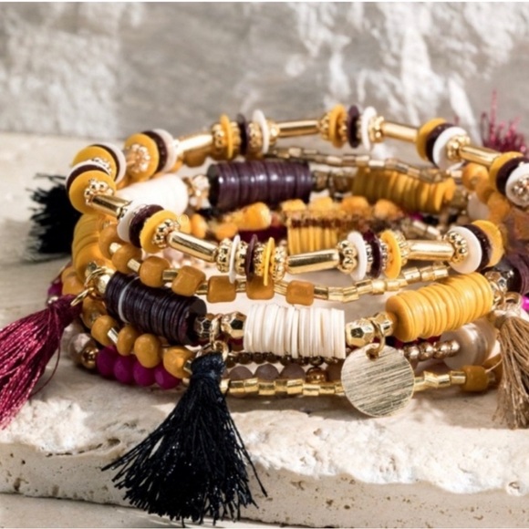 (69) 🍁New Fall🍁 Boho Yellow, Fuchsia And Tan Multi Strand Tassel Beaded Bracelet - Picture 2 of 6